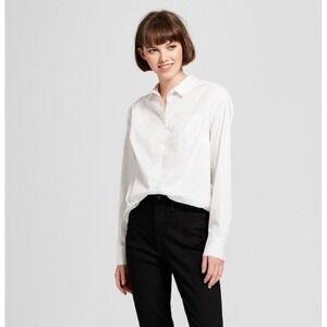 A New Day White‎ long Sleeve Button Down Cotton Shirt Blouse Size M
